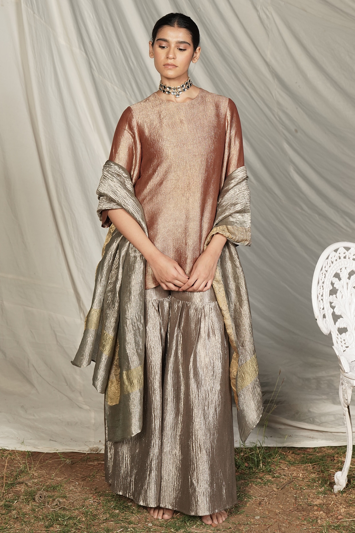 Grey tissue banarsi gota & zardosi sharara set