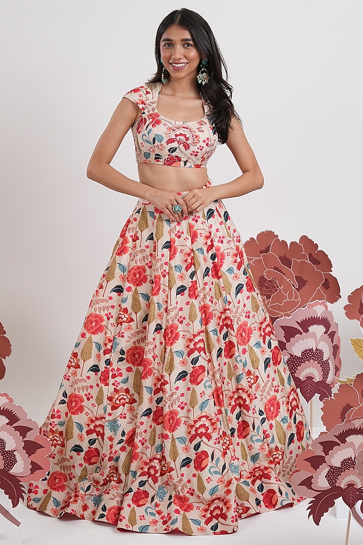 Ivory-Beige Dola Silk Printed Wedding Lehenga Set by Mansi Gajjar at Pernia's Pop Up Shop