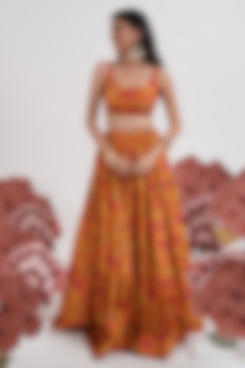 Mustard Yellow Dola Silk Printed Wedding Lehenga Set by Mansi Gajjar at Pernia's Pop Up Shop