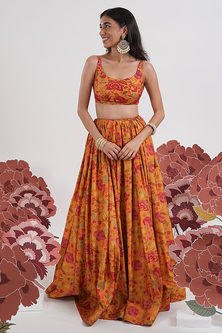 Mustard Yellow Dola Silk Printed Wedding Lehenga Set by Mansi Gajjar at Pernia's Pop Up Shop