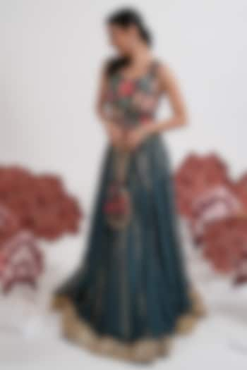 Teal Blue Dola Silk Embroidered Wedding Lehenga Set by Mansi Gajjar at Pernia's Pop Up Shop