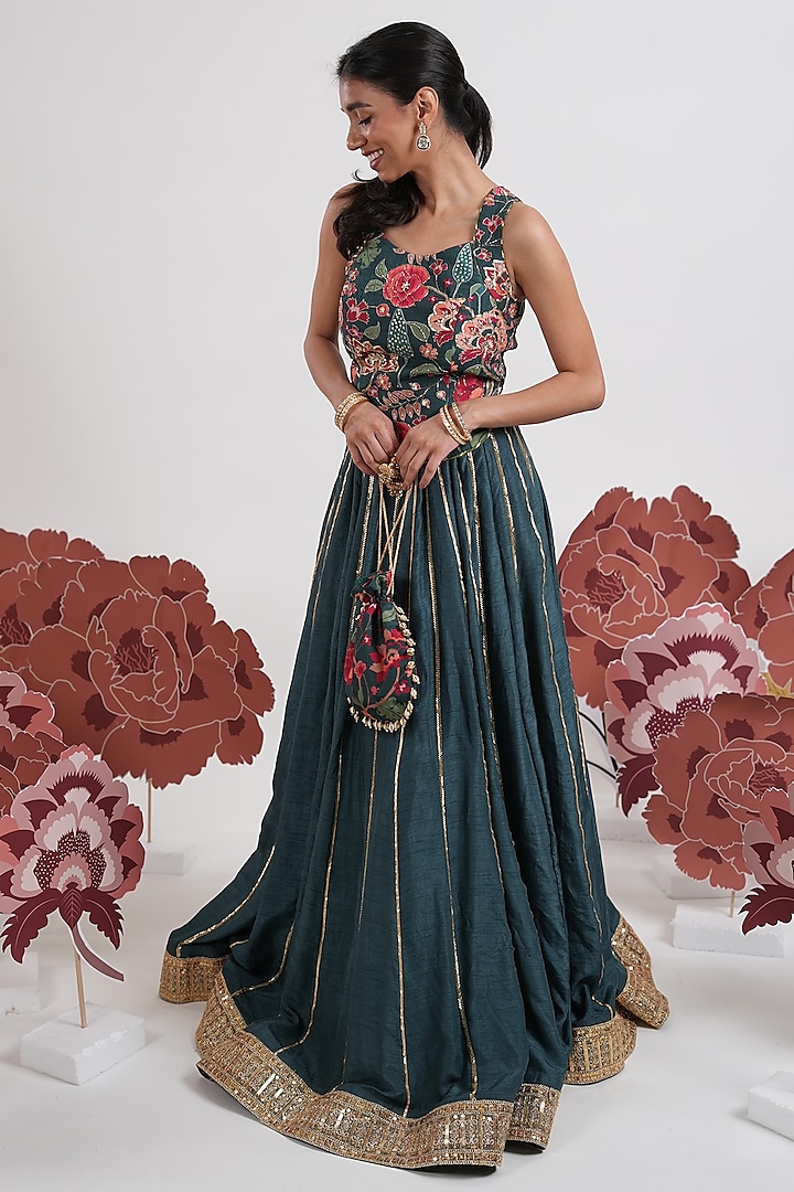 Teal Blue Dola Silk Embroidered Wedding Lehenga Set by Mansi Gajjar at Pernia's Pop Up Shop