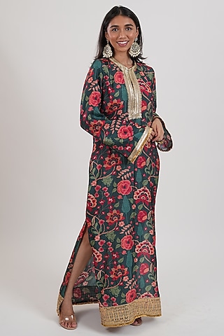 Teal Blue Dola Silk Printed Kaftan by Mansi Gajjar
