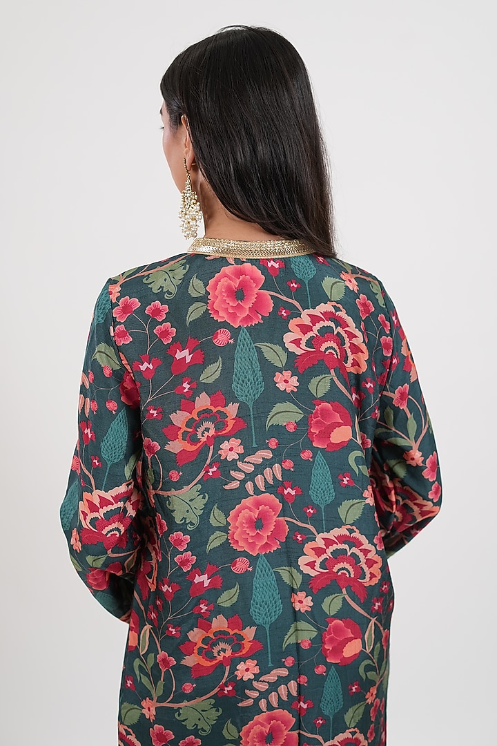Teal Blue Dola Silk Printed Kaftan by Mansi Gajjar at Pernia's Pop Up Shop