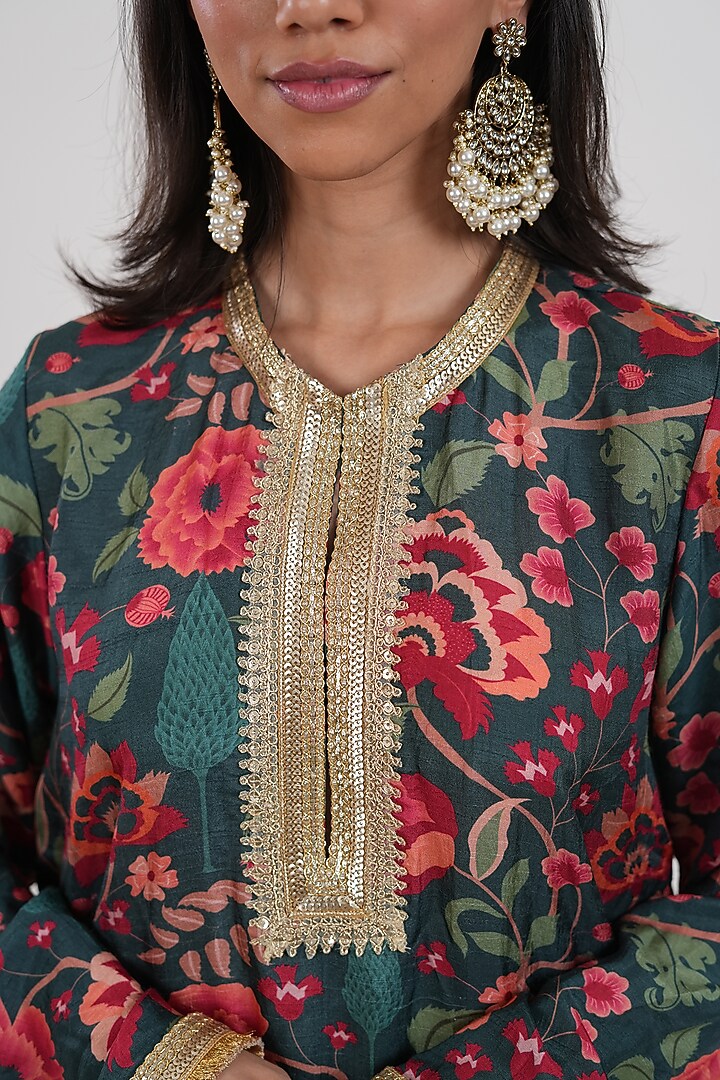 Teal Blue Dola Silk Printed Kaftan by Mansi Gajjar at Pernia's Pop Up Shop