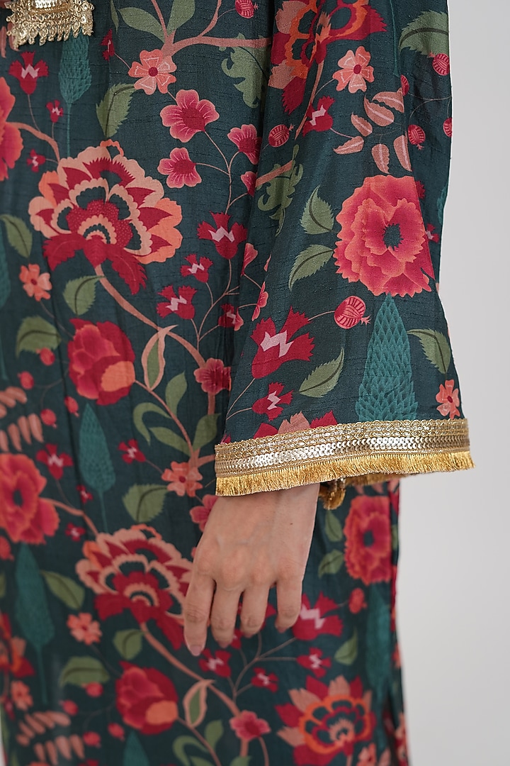 Teal Blue Dola Silk Printed Kaftan by Mansi Gajjar at Pernia's Pop Up Shop
