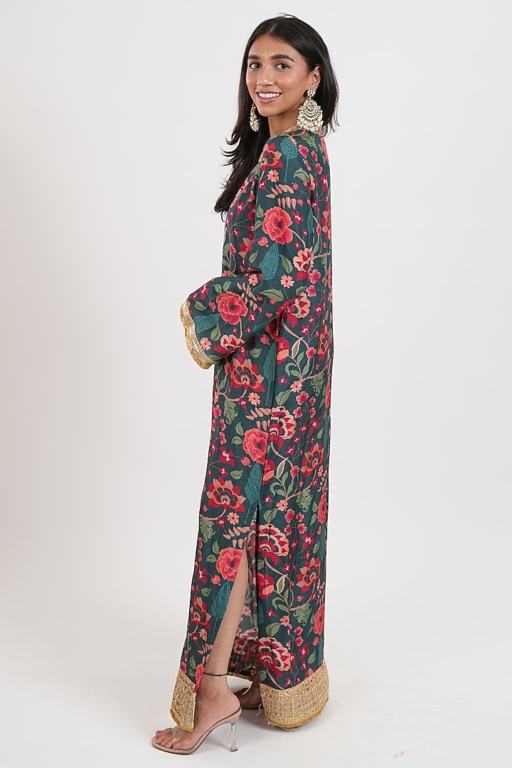 Teal Blue Dola Silk Printed Kaftan by Mansi Gajjar at Pernia's Pop Up Shop