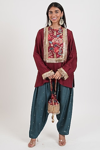 Red Dola Silk Printed & Embroidered Kurta Set by Mansi Gajjar