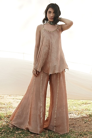 Rose Gold Banarasi Crush Tissue Gharara Set by Mansi Gajjar