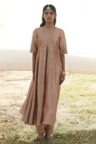 Rose Gold Banarasi Crush Tissue Zardosi Embroidered Anarkali Set by Mansi Gajjar
