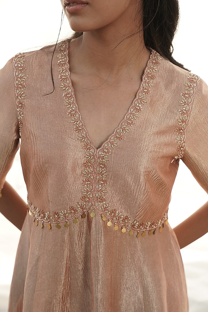 Rose Gold Banarasi Crush Tissue Zardosi Embroidered Wedding Anarkali Set by Mansi Gajjar at Pernia's Pop Up Shop