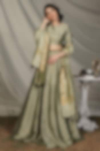 Olive Green Banarasi Crush Tissue Wedding Lehenga Set by Mansi Gajjar at Pernia's Pop Up Shop