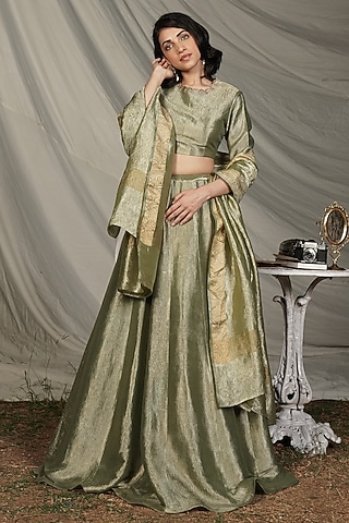 Olive Green Banarasi Crush Tissue Lehenga Set by Mansi Gajjar