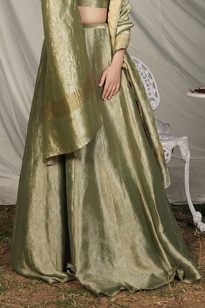 Olive Green Banarasi Crush Tissue Wedding Lehenga Set by Mansi Gajjar at Pernia's Pop Up Shop