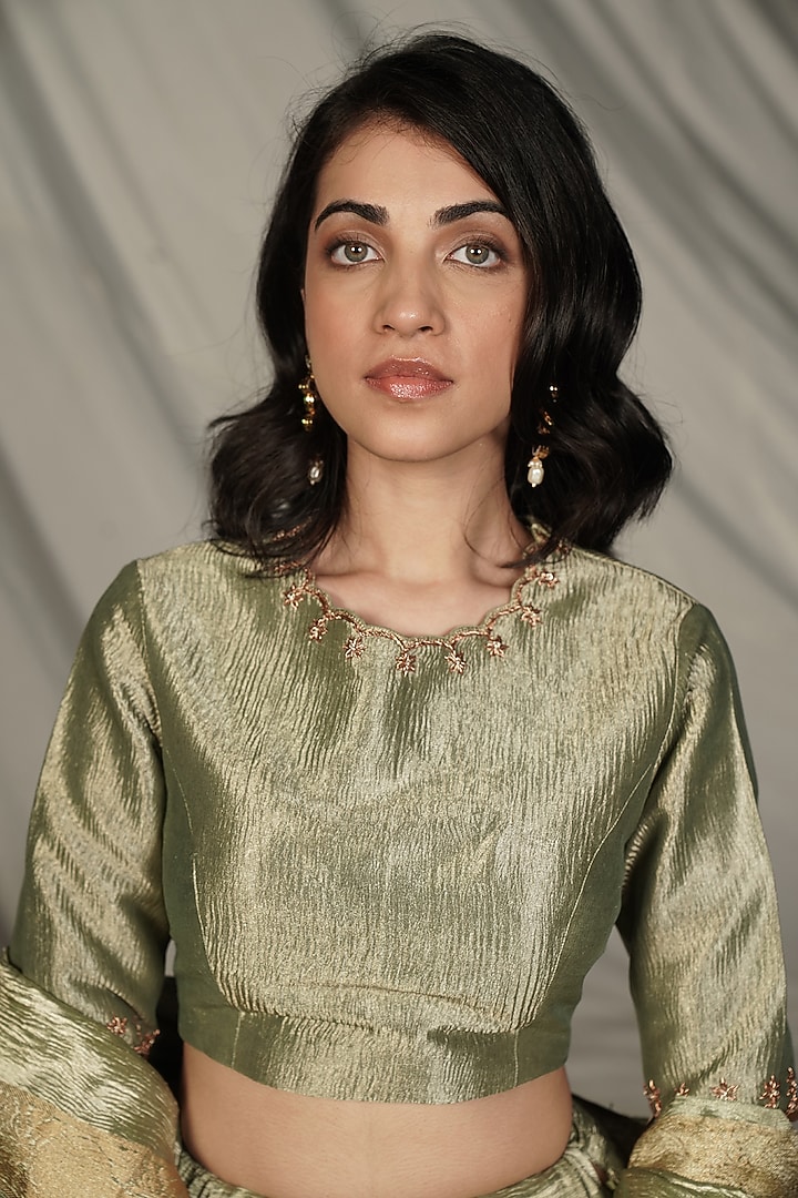 Olive Green Banarasi Crush Tissue Wedding Lehenga Set by Mansi Gajjar at Pernia's Pop Up Shop