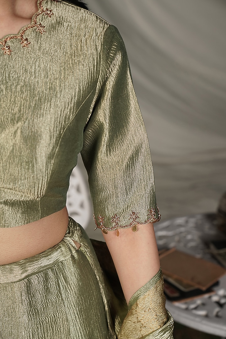 Olive Green Banarasi Crush Tissue Wedding Lehenga Set by Mansi Gajjar at Pernia's Pop Up Shop