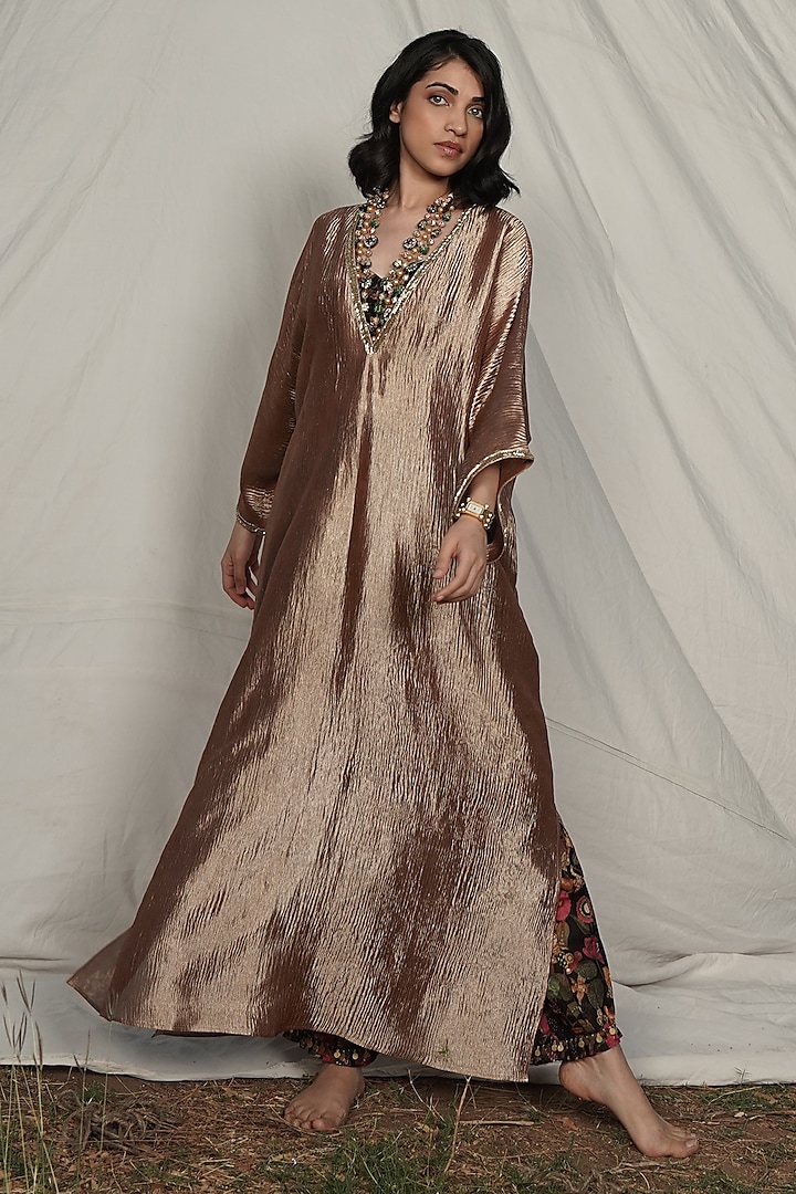 Brown Banarasi Crush Tissue Embroidered Kaftan Set by Mansi Gajjar at Pernia's Pop Up Shop