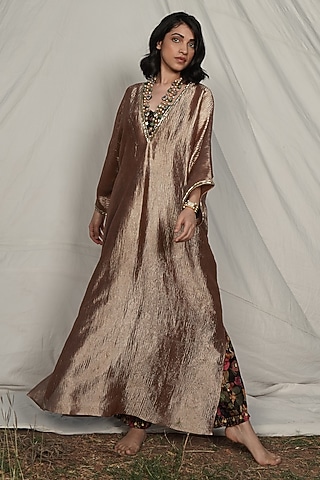 Brown Banarasi Crush Tissue Embroidered Kaftan Set by Mansi Gajjar