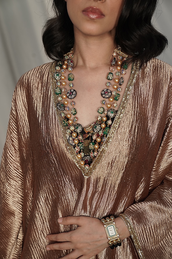 Brown Banarasi Crush Tissue Embroidered Kaftan Set by Mansi Gajjar at Pernia's Pop Up Shop