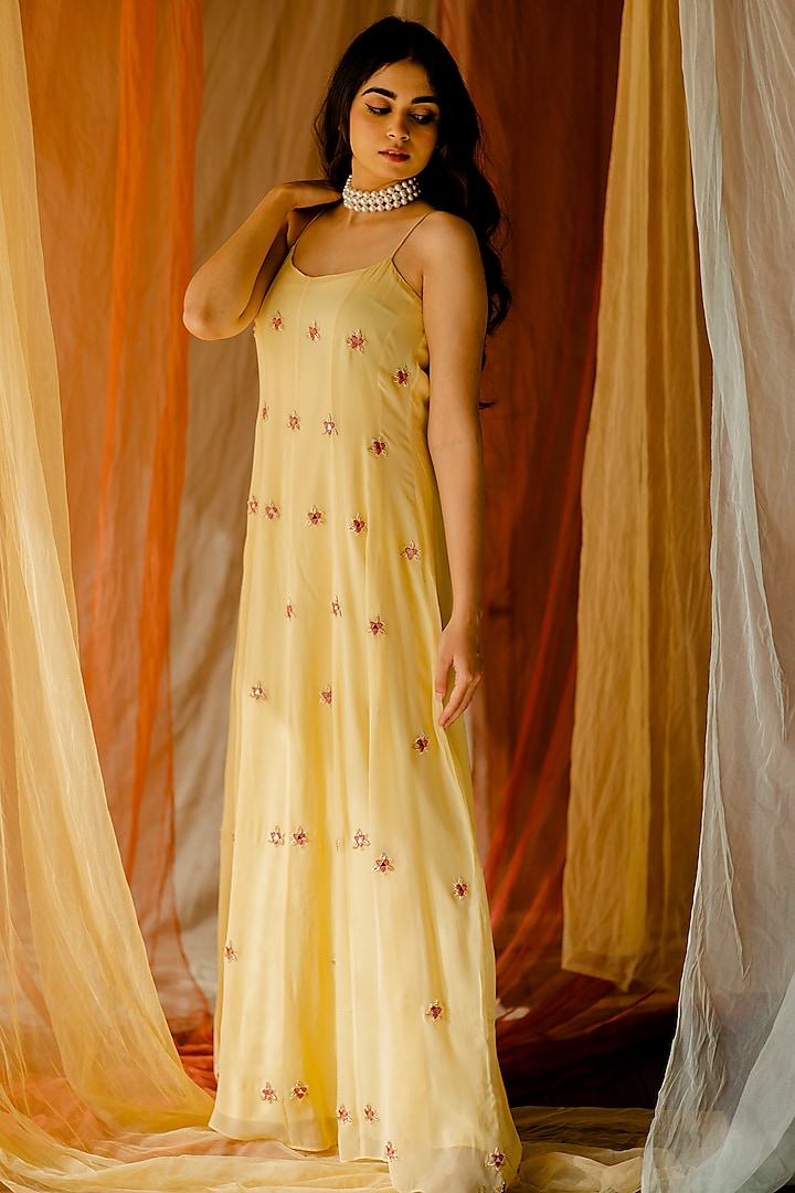 Yellow Georgette Embroidered Dress by Mansi Gajjar