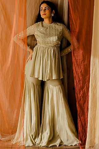 Mint Green Georgette Sharara Set by Mansi Gajjar