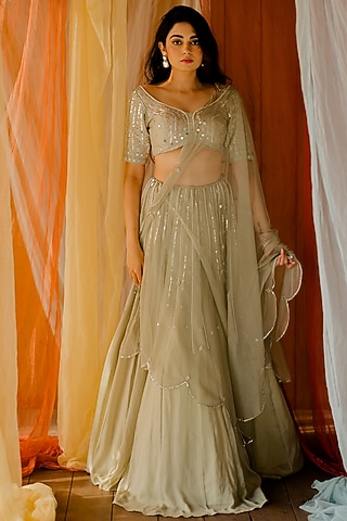 Mint Green Embroidered Lehenga Set by Mansi Gajjar