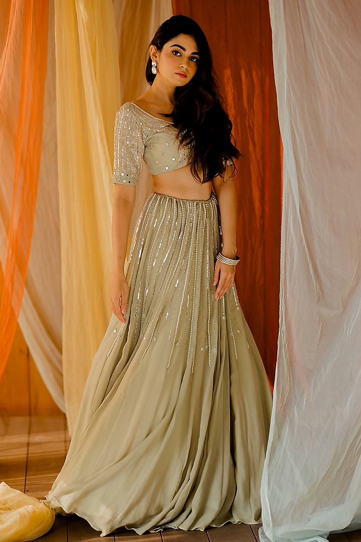 Mint Green Embroidered Wedding Lehenga Set by Mansi Gajjar at Pernia's Pop Up Shop