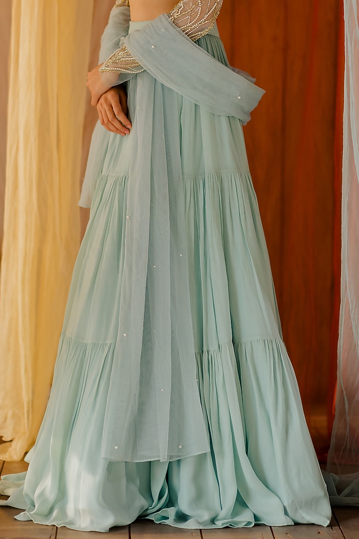Powder Blue Georgette Tiered Wedding Lehenga Set by Mansi Gajjar at Pernia's Pop Up Shop
