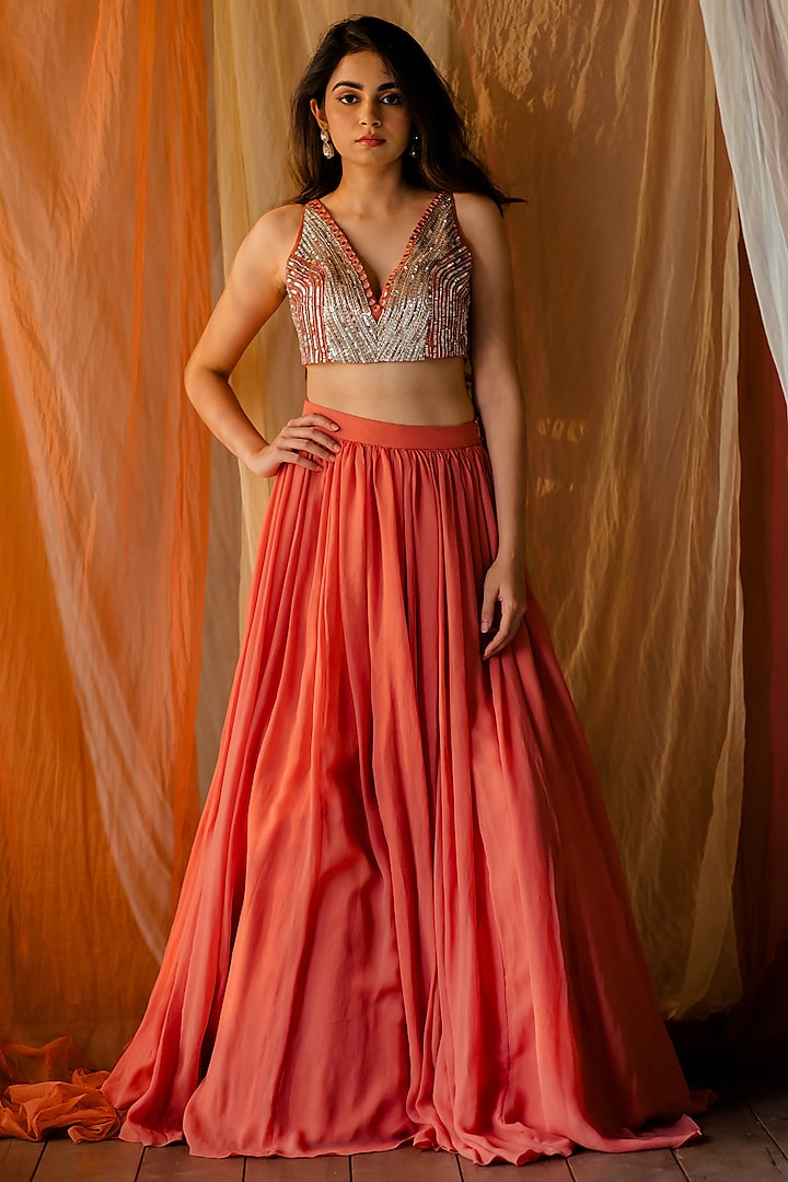 Rust Orange Georgette Lehenga Set by Mansi Gajjar