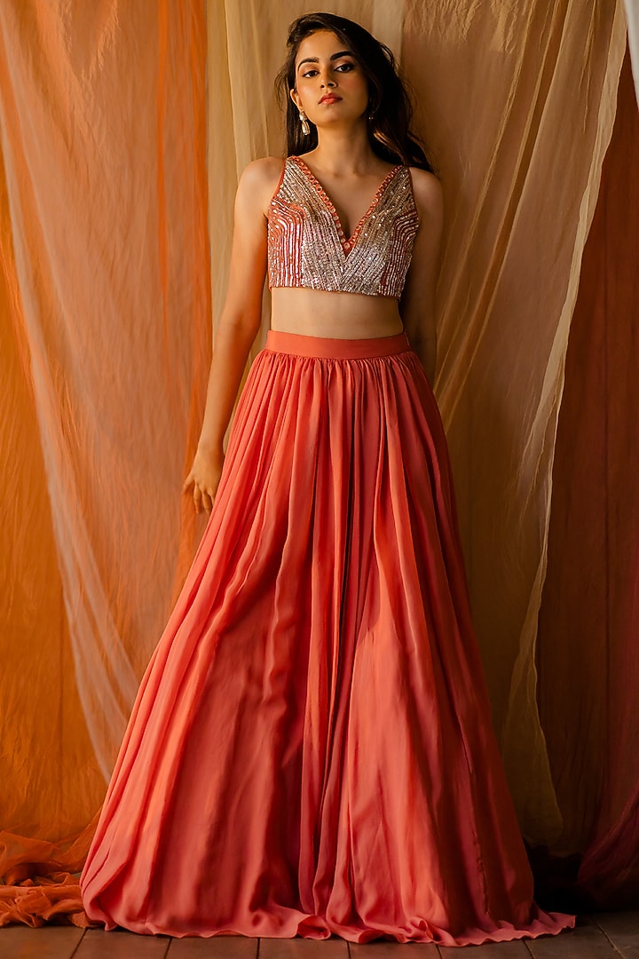 Rust Orange Georgette Lehenga Set by Mansi Gajjar at Pernia's Pop Up Shop