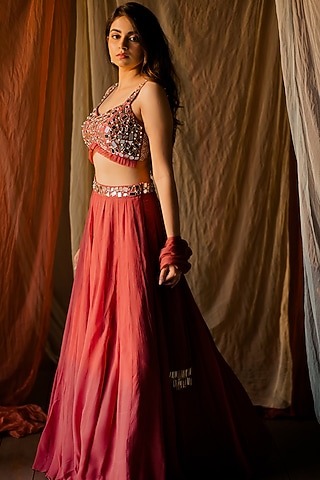 Dust Rose Georgette & Dupion Lehenga Set by Mansi Gajjar