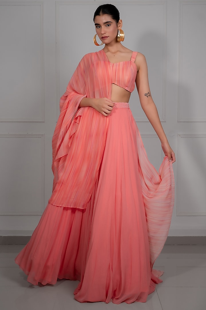 Peach Pink Georgette Lehenga Set by Mansi Gajjar at Pernia's Pop Up Shop