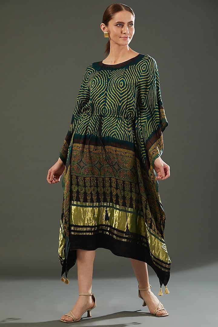 Green Gajji Silk Bandhani Kaftan by Mansi Gajjar at Pernia's Pop Up Shop