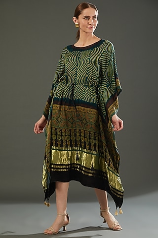 Green Gajji Silk Bandhani Kaftan by Mansi Gajjar