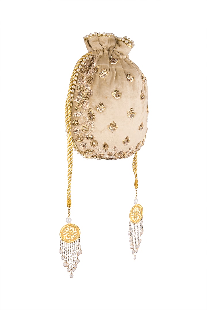 Beige Embroidered Batwa Potli by Malaga at Pernia's Pop Up Shop