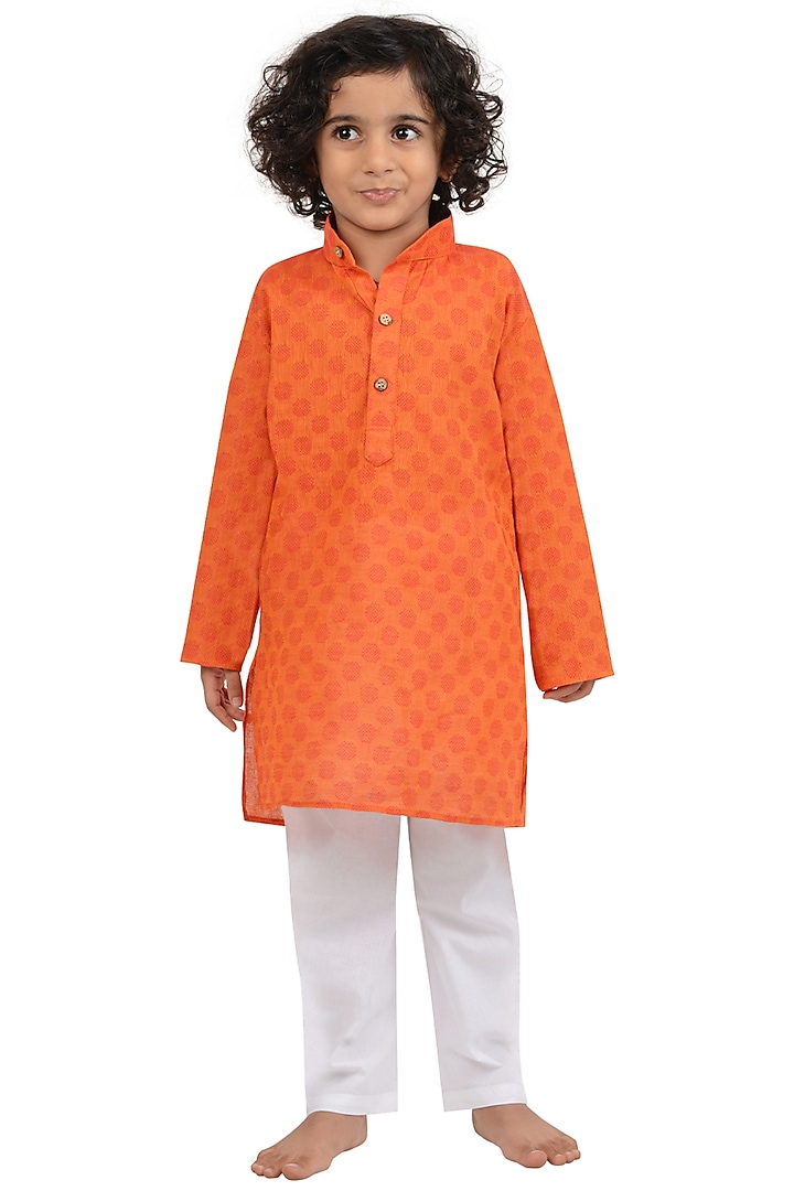 Dark Orange Cotton Kurta Set For Boys by MAHARAJA