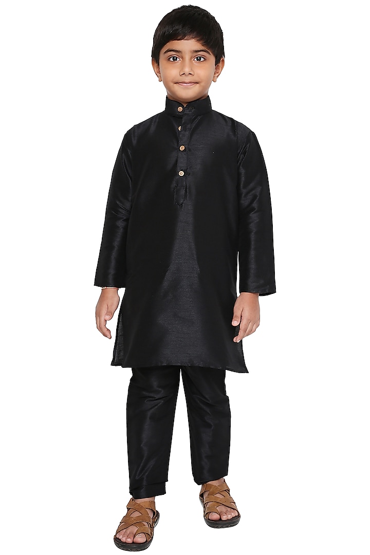 Black Dupion Silk Kurta Set For Boys by MAHARAJA at Pernia's Pop Up Shop