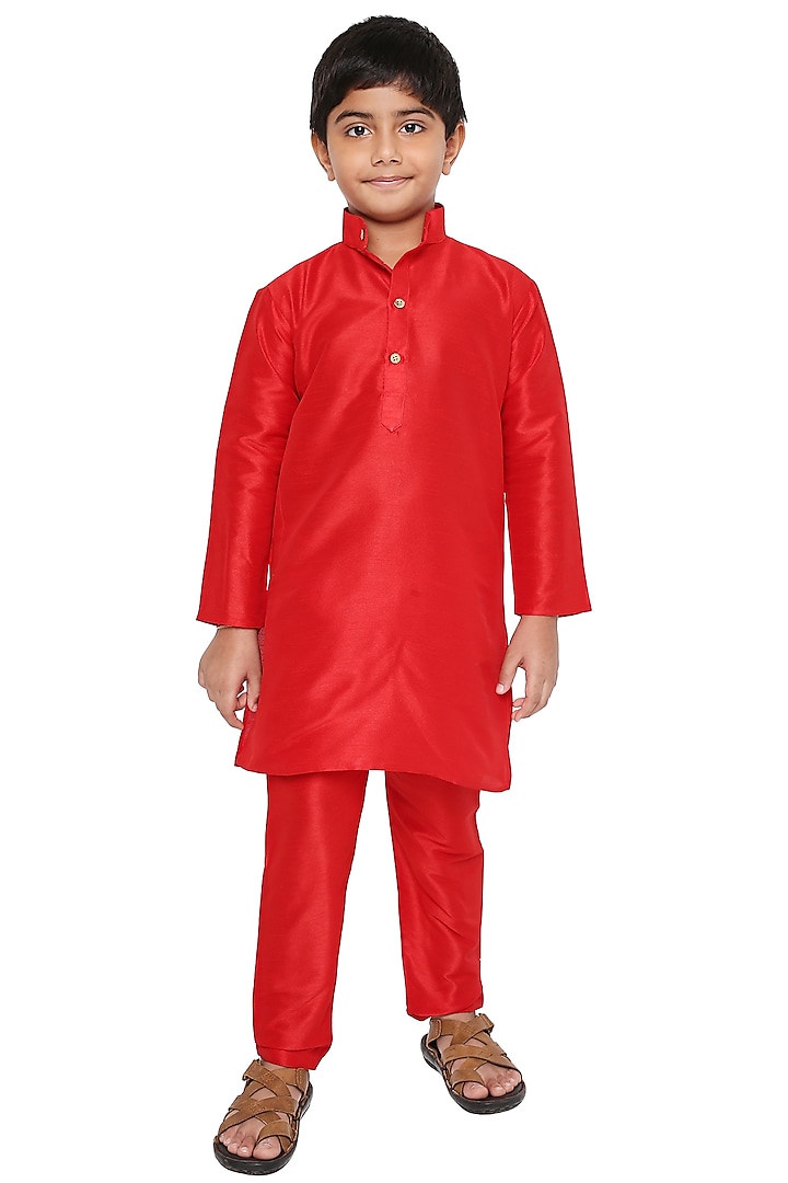 Red Banarasi Kurta Set For Boys by MAHARAJA