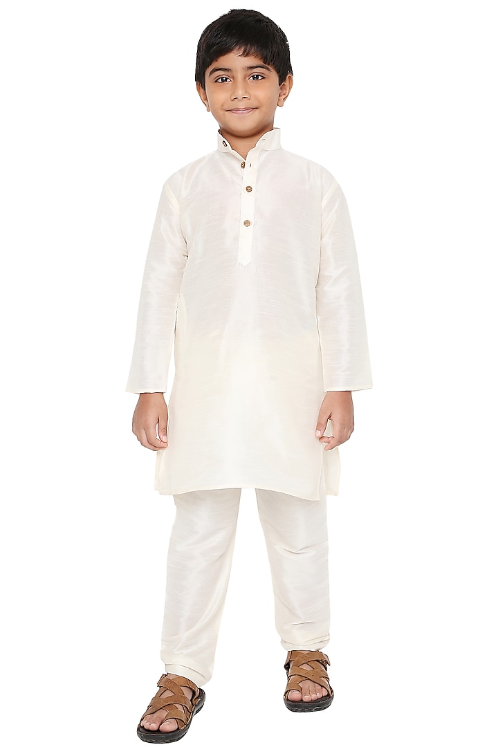 White Silk Kurta Set For Boys by MAHARAJA