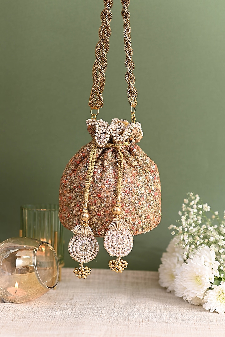 Gold Net Embroidered Potli by Miar Designs