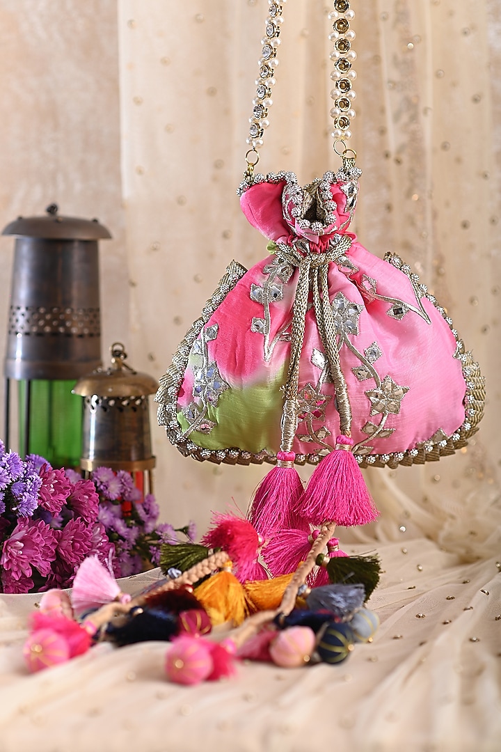 Pink Silk Embroidered Potli by Miar Designs at Pernia's Pop Up Shop