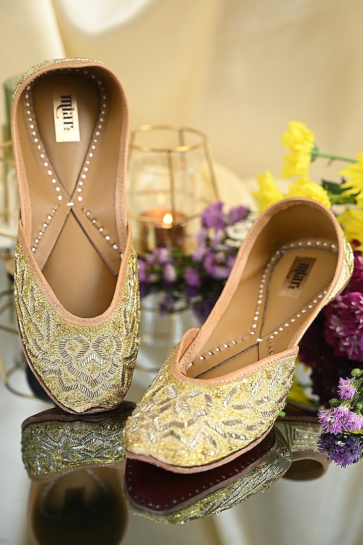 Gold Leather Embroidered Juttis by Miar Designs