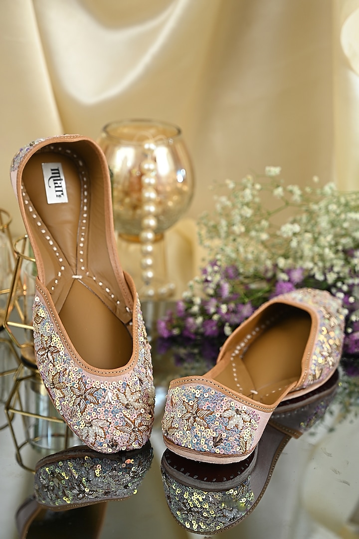Pink & Silver Leather Embroidered Juttis by Miar Designs