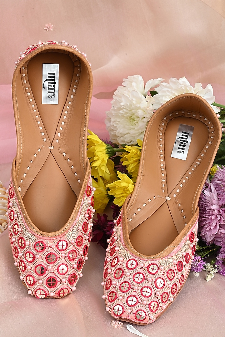 Pink Leather Embroidered Juttis by Miar Designs