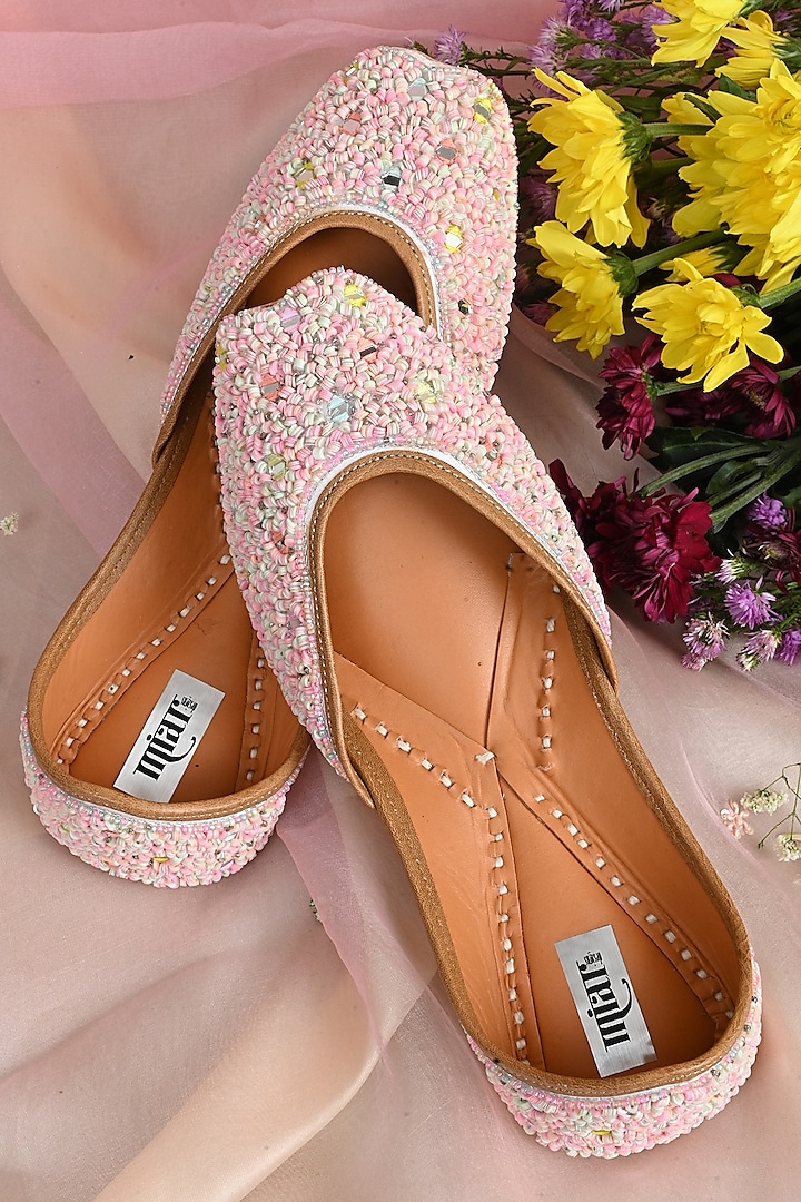 Baby Pink Leather Embroidered Juttis by Miar Designs