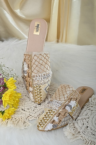 Ivory Faux Leather Embellished Mules by Miar Designs
