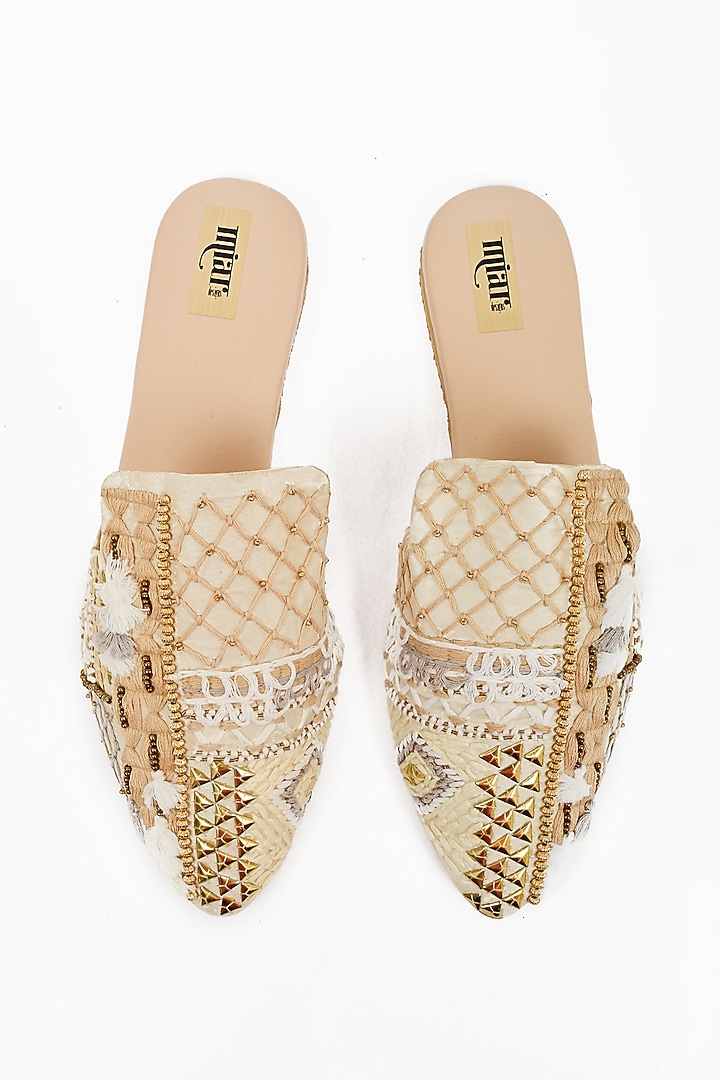 Ivory Faux Leather Embellished Mules by Miar Designs at Pernia's Pop Up Shop