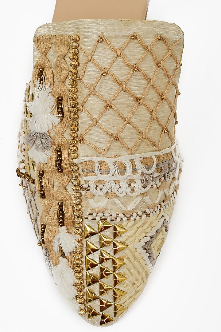 Ivory Faux Leather Embellished Mules by Miar Designs at Pernia's Pop Up Shop