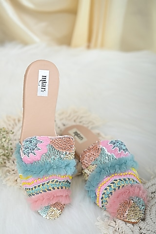 Blue & Pink Faux Leather Embroidered Mules by Miar Designs
