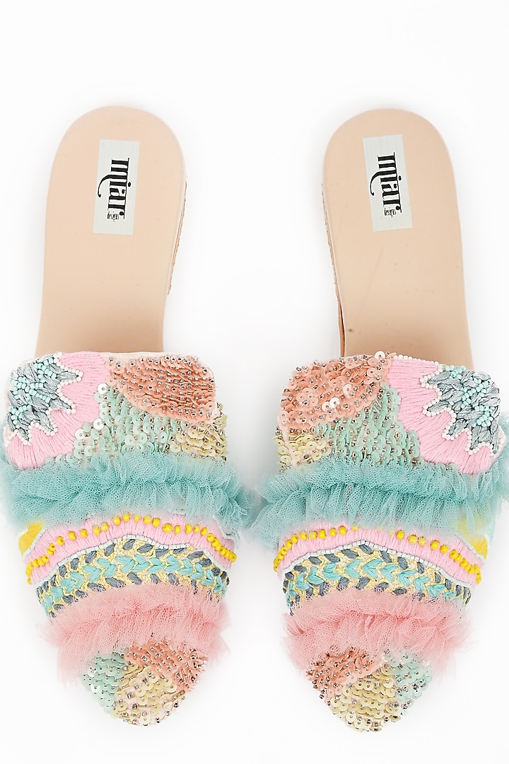 Blue & Pink Faux Leather Embroidered Mules by Miar Designs at Pernia's Pop Up Shop